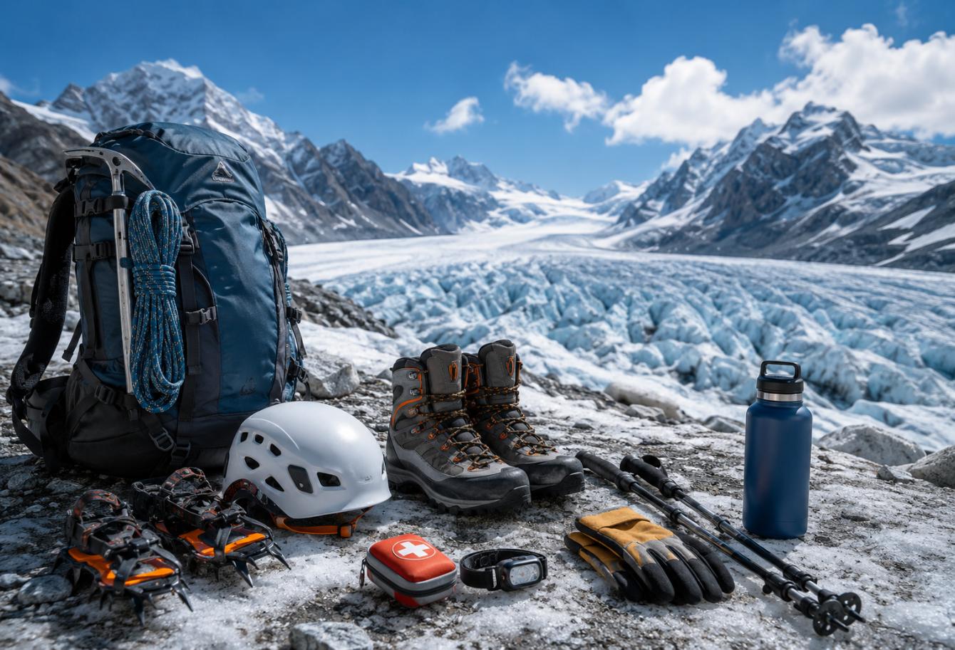 Alpine Adventure Gear On Icy Terrain